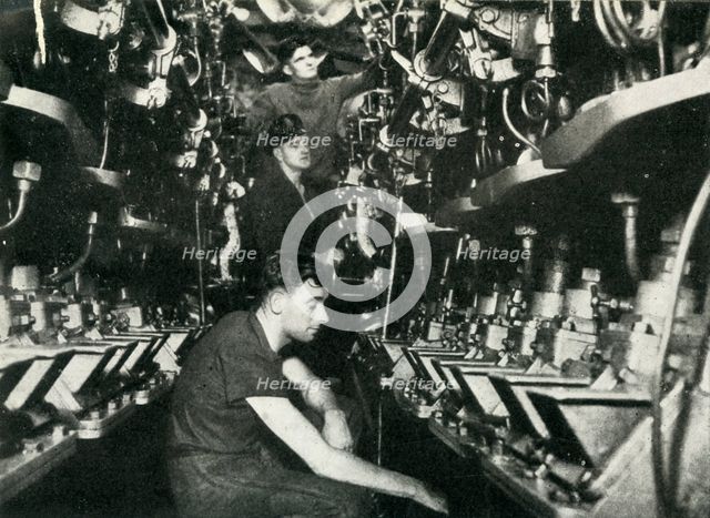 Engine room of a British submarine, World War II, 1945. Creator: Unknown.