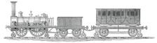 Engine, tender, and carriage - side view, 1845. Creator: Unknown