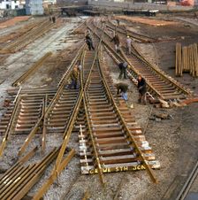 Engineers fabricating a rail junction for the Crewe South Junction before delivery, 1977. Artist: Michael Walters