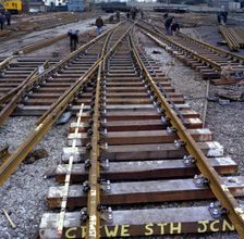 Engineers fabricating a rail junction for the Crewe South Junction before delivery, 1977. Artist: Michael Walters