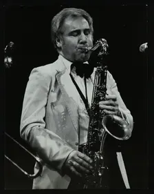 English Tenor saxophonist Stan Robinson playing at the Forum Theatre, Hatfield, Hertfordshire, 1984. Creator: Denis Williams
