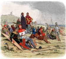 English troops waiting to go into action at the Battle of Crecy, August 1346 (c1860). Creator: Unknown