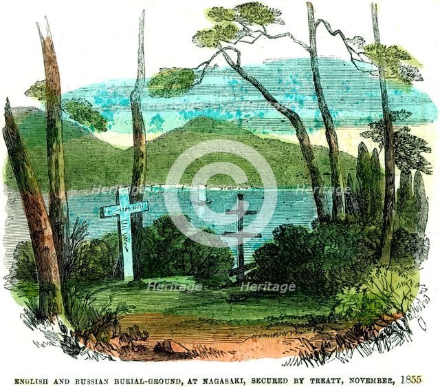 'English and Russian burial-ground, at Nagasaki, secured by treaty, November 1855', (1856). Artist: Unknown