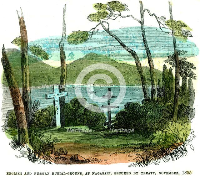 'English and Russian burial-ground, at Nagasaki, secured by treaty, November 1855', (1856). Artist: Unknown