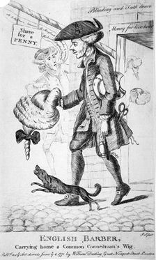 English barber, carrying home a common councilman's wig 1771. Artist: PS