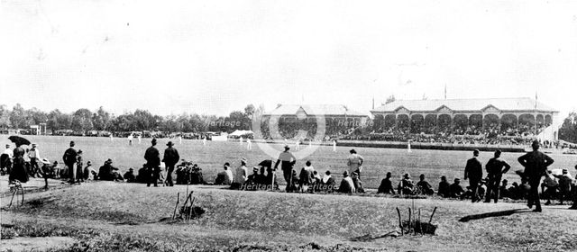 English cricketers in Australia: the Adelaide Cricket Oval (the English team in the field), 1895. Creator: Scott Barry.