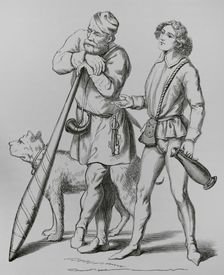 English gatekeeper, his dog, (1480), and a cupbearer, (1475), 15th century (1878). Creator: Unknown
