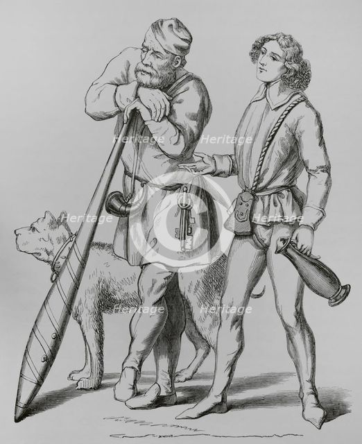 English gatekeeper, his dog, (1480), and a cupbearer, (1475), 15th century (1878).  Creator: Unknown.