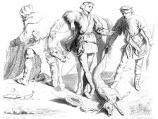 English hunter, gamekeeper and fisherman, 1435 (1849).Artist: Drouart