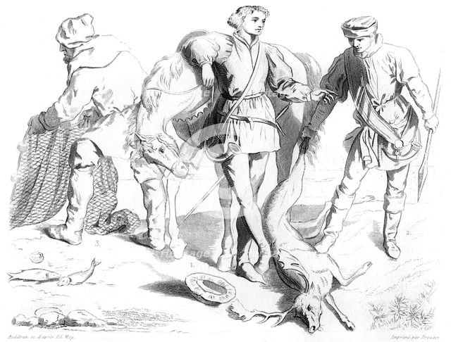English hunter, gamekeeper and fisherman, 1435 (1849).Artist: Drouart