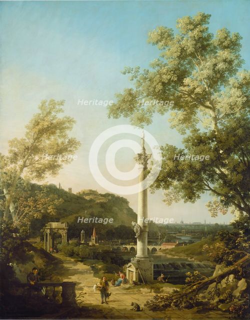 English Landscape Capriccio with a Column, c. 1754. Creator: Canaletto.