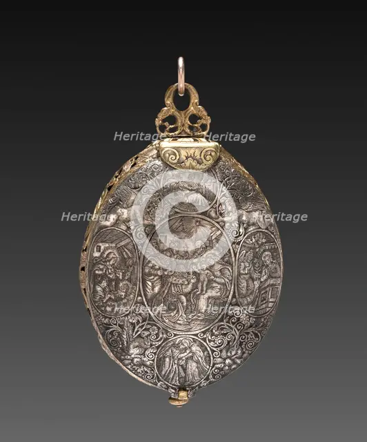 Engraved Egg Watch, 1590-1600. Creator: Denis Martinot (French); Theodor de Bry (Flemish, 1528-1598), attributed to.