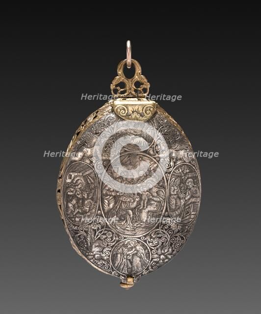 Engraved Egg Watch, 1590-1600. Creator: Denis Martinot (French); Theodor de Bry (Flemish, 1528-1598), attributed to.