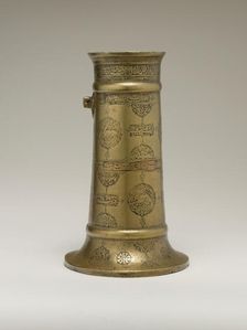 Engraved Lamp Stand with Cartouches and Medallions, Iran, 16th century. Creator: Unknown