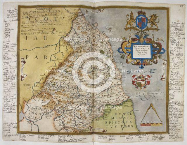 Engraved map of Northumberland, 1579. Creator: Christopher Saxton.
