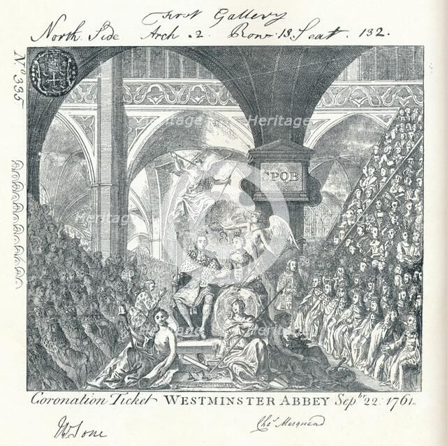 Engraved ticket for the Coronation ceremony of George III in Westminster Abbey' 1761 (1906). Artist: George Bickham