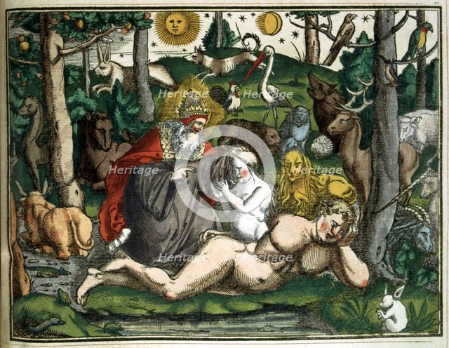 Engraving of 'Historiae Animalium' year 1551 with Adam and Eve in Paradise.