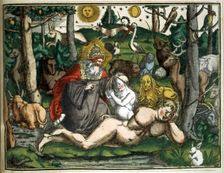 Engraving of Historiae Animalium year 1551 with Adam and Eve in Paradise