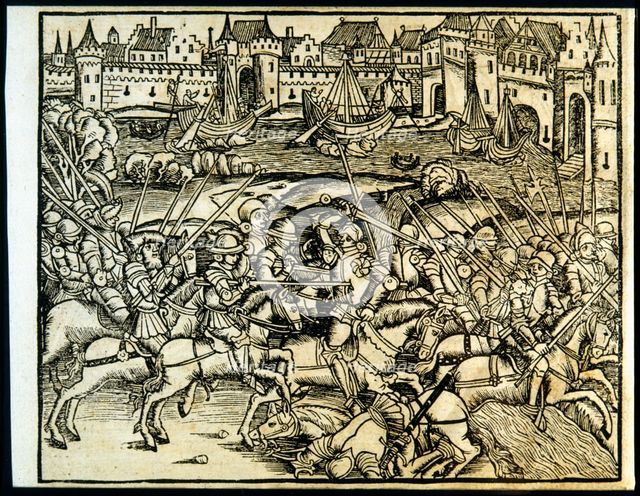 Engraving of the work 'The Fourteen Decades', Zaragoza, 1520, copy of the Mainz edition of 1505.  Creator: Tito Livio.