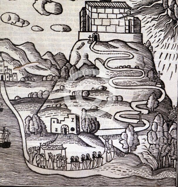 Engraving of the ascension of a procession to Mount Randa in Majorca, in the work 'Ars Inventiva …