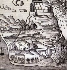 Engraving of the ascension of a procession to Mount Randa in Majorca, in the work Ars Inventiva …