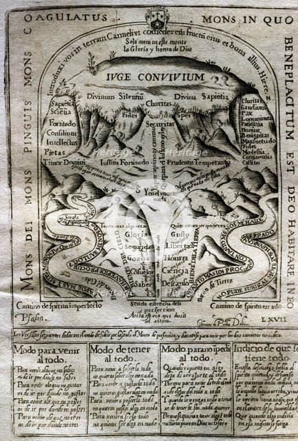 Engraving of the 'Ascent to Mount Carmel', by Saint Jean of the Cross, Madrid, 1694 edition.