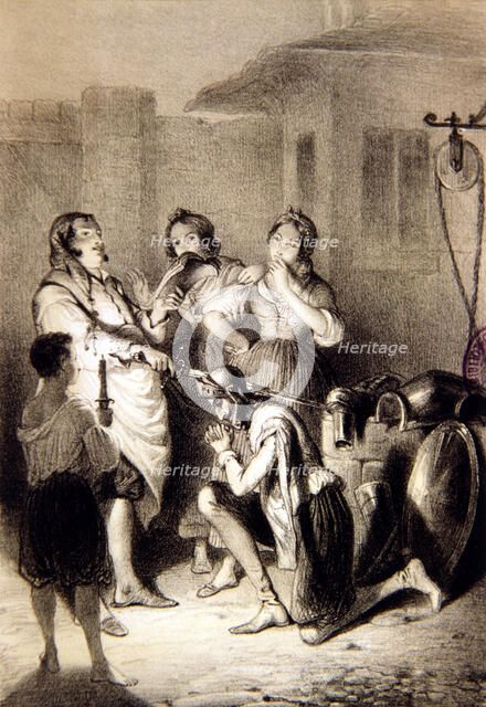 Engraving 'Don Quixote is knighted', character of Miguel de Cervantes, comparative edition of  F.…