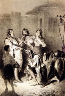 Engraving Don Quixote is knighted character of Miguel de Cervantes, comparative edition of F.…