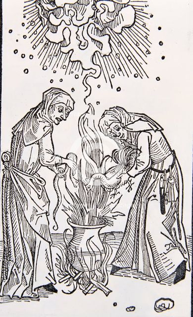 Engraving from the German work 'Treaty of evil women called witches' by Dr. Ulrich Molitor, publi…