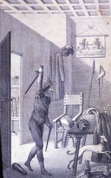 Engraving in an episode of Don Quixote, in El Ingenioso Hidalgo Don Quijote de la Mancha (The I…