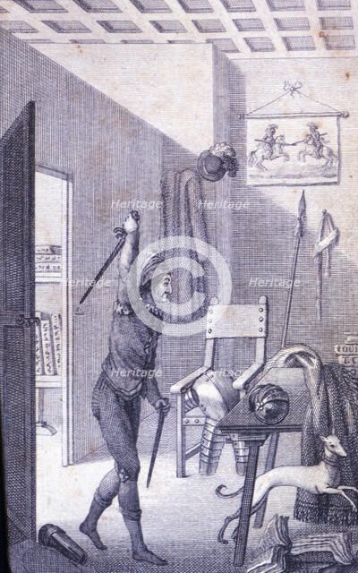 Engraving in an episode of Don Quixote, in 'El Ingenioso Hidalgo Don Quijote de la Mancha' (The I…