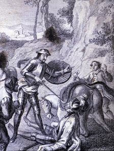 Engraving in an episode of Don Quixote, in El Ingenioso Hidalgo Don Quijote de la Mancha (The I…
