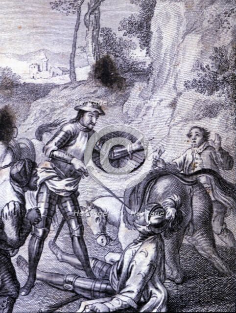 Engraving in an episode of Don Quixote, in 'El Ingenioso Hidalgo Don Quijote de la Mancha' (The I…