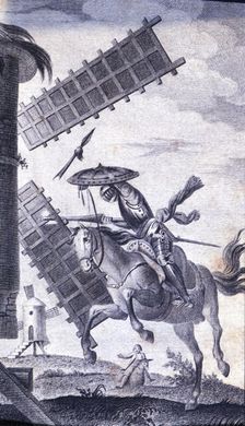 Engraving in an episode of Don Quixote, in El Ingenioso Hidalgo Don Quijote de la Mancha (The I…