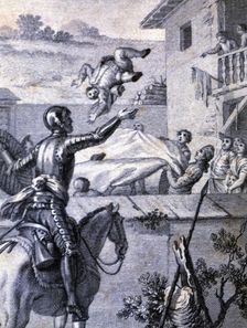 Engraving in an episode of Don Quixote, in El Ingenioso Hidalgo Don Quijote de la Mancha (The I…