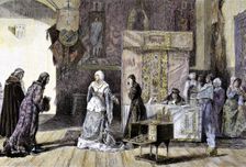 Engraving in the Spanish and American Illustration from painting Elizabeth I gives her jewelr…