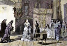 Engraving in the Spanish and American Illustration from painting Elizabeth I gives her jewelr…