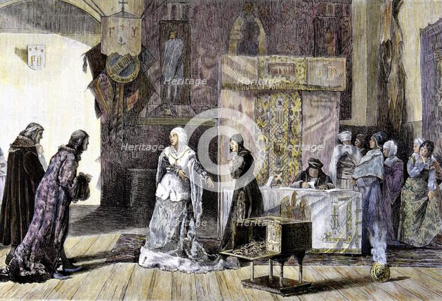 Engraving  in the 'Spanish and American Illustration' from painting 'Elizabeth I gives her jewelr…