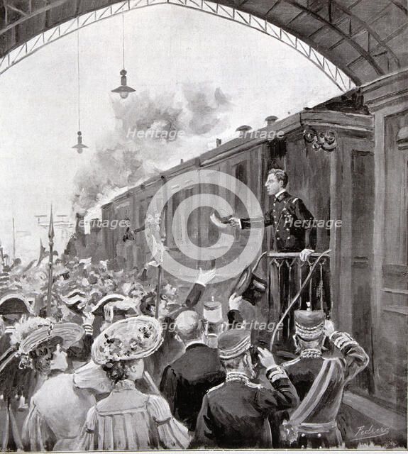 Engraving published in the magazine 'Spanish and American Ilustration' the 'Farewell to the King …