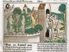 Engraving showing Adam and Eve in paradise, scene in the Bible of Nuremberg, German edition 1483