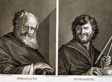 Engraving with Heraclitus 535-484 BC. and Democritus 460-370 BC., Greek philosophers