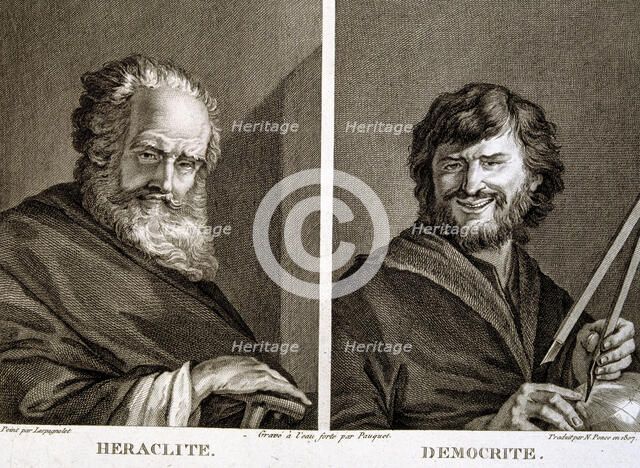 Engraving with Heraclitus 535-484 BC. and Democritus 460-370 BC., Greek philosophers.