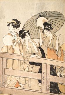 Enjoying the Cool Evening Breeze on and under the Bridge, ca. 1800. Creator: Kitagawa Utamaro