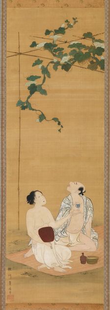 Enjoying the Evening Cool under a Gourd Trellis, early 19th century. Creator: Utagawa Toyohiro