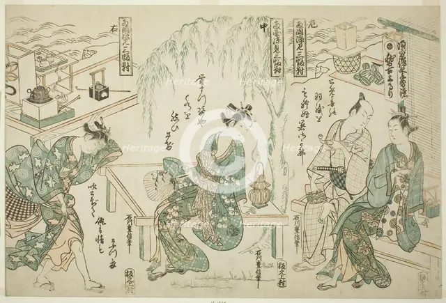Enjoying the Evening Cool at Ryogoku - A Set of Three (Ryogoku suzumi sanpukutsui), c. 1752. Creator: Ishikawa Toyonobu.