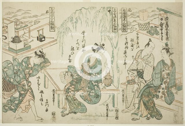 Enjoying the Evening Cool at Ryogoku - A Set of Three (Ryogoku suzumi sanpukutsui), c. 1752. Creator: Ishikawa Toyonobu.