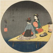 Enjoying the Evening Cool on the Riverbed at Shijo in Kyoto (Kyo Shijogawara yusuzumi), se..., 1852. Creator: Ando Hiroshige