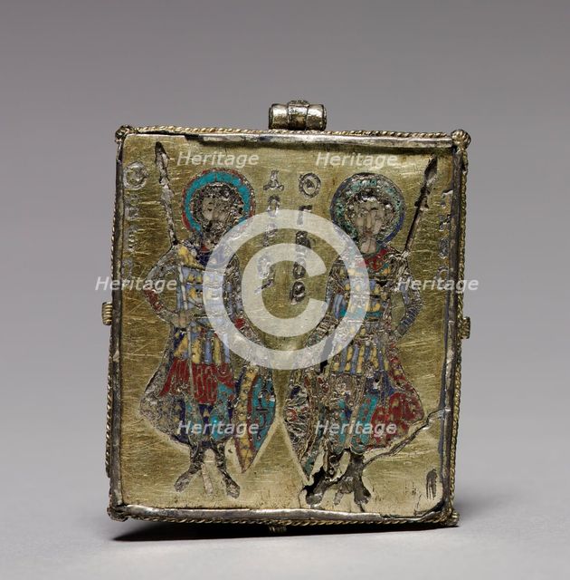 Enkolpion with the Crucifixion (front) and Saints Theodore and George (back), 1080-1120. Creator: Unknown.