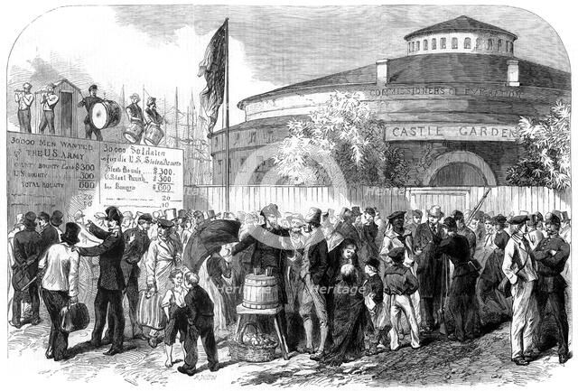Enlisting Irish and German emigrants on the Battery, New York, USA, 1864. Creator: Mason Jackson.