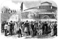 Enlisting Irish and German emigrants on the Battery, New York, USA, 1864. Creator: Mason Jackson